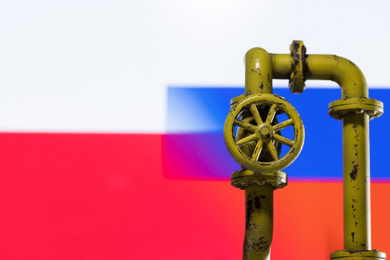 &copy; Reuters. Una maqueta del gasoducto ante los colores de las banderas polaca y rusa