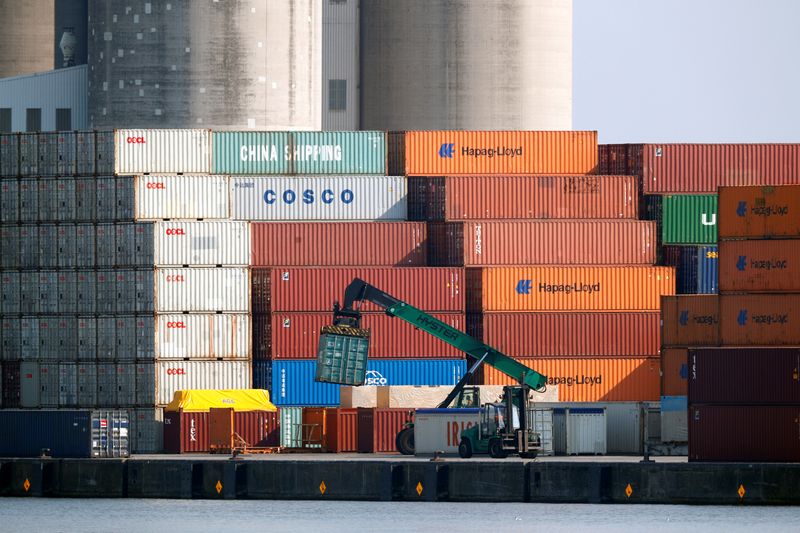 &copy; Reuters. FILE PHOTO: Shipping containers are stacked up at the Port of Antwerp, Belgium July 26, 2018.   REUTERS/Francois Lenoir/File Photo