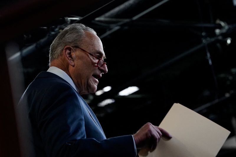 &copy; Reuters. FILE PHOTO - U.S. Senate Majority Leader Chuck Schumer (D-NY) speaks during a news conference about legislative efforts to lower gas prices, on Capitol Hill in Washington, U.S., April 28, 2022. REUTERS/Elizabeth Frantz