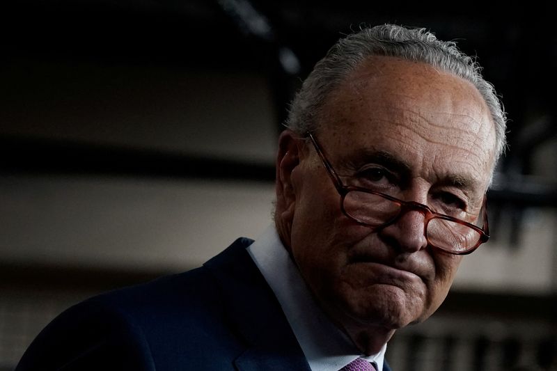 &copy; Reuters. FILE PHOTO: U.S. Senate Majority Leader Chuck Schumer (D-NY) listens during a news conference about legislative efforts to lower gas prices, on Capitol Hill in Washington, U.S., April 28, 2022. REUTERS/Elizabeth Frantz