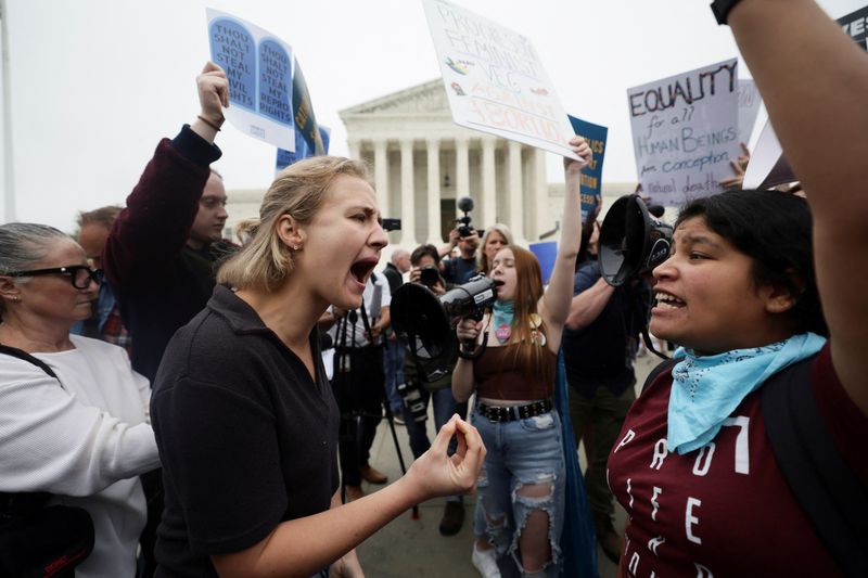 &copy; Reuters. Manifestantes a favor y en contra del aborto protestan frente a la Corte Suprema de Estados Unidos luego de la filtración de un borrador de opinión mayoritaria escrito por el juez Samuel Alito que se prepara para que una mayoría de la corte revoque la 