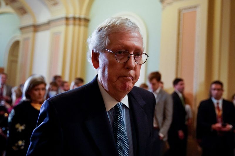 &copy; Reuters. FILE PHOTO: U.S. Senate Minority Leader Mitch McConnell (R-KY) leaves after speaking to reporters following the Senate Republicans weekly policy lunch at the U.S. Capitol in Washington, U.S., April 26, 2022. REUTERS/Elizabeth Frantz