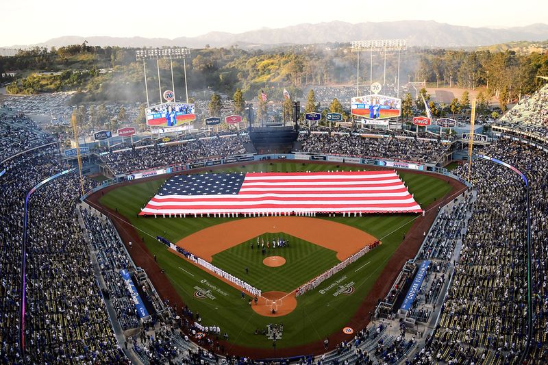 &copy; Reuters. FILE PHOTO: Apr 14, 2022; Los Angeles, California, USA; General view of pregame ceremonies before the Los Angeles Dodgers play against the Cincinnati Reds at Dodger Stadium. Mandatory Credit: Gary A. Vasquez-USA TODAY Sports 