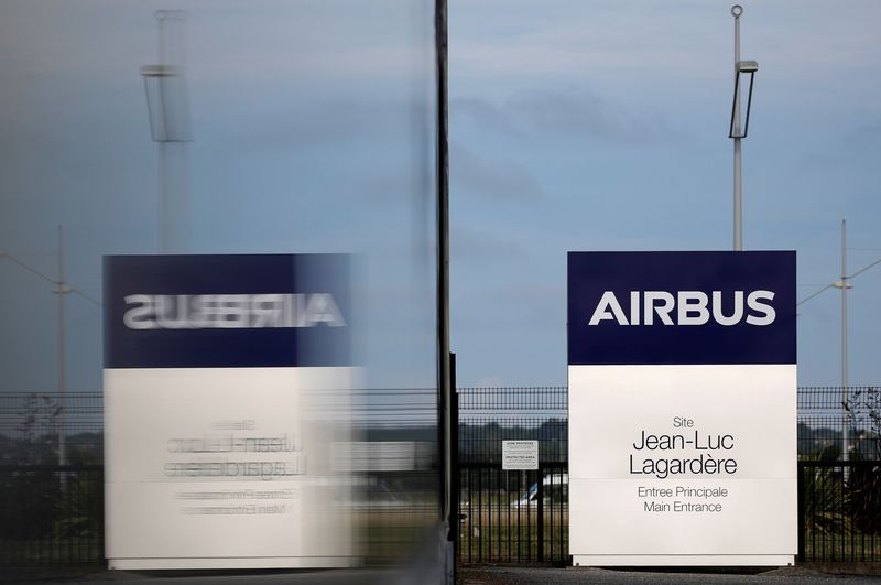 &copy; Reuters. A logo of Airbus is seen at the entrance of the Jean-Luc Lagardere A380 production plant at Airbus headquarters in Blagnac, near Toulouse, France June 18, 2020. REUTERS/Stephane Mahe/Files