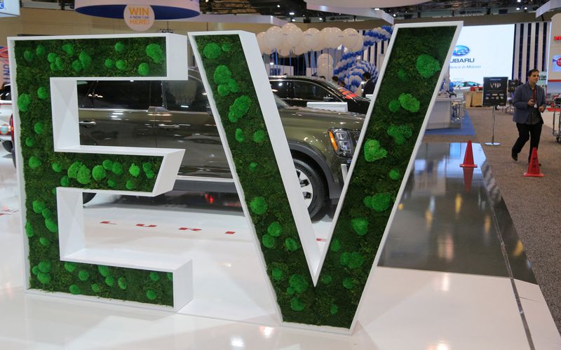 &copy; Reuters. FILE PHOTO: A sign promoting electric vehicles is displayed during the media day at the Canadian International AutoShow in Toronto, Ontario, Canada, February 14, 2019. REUTERS/Chris Helgren/File Photo