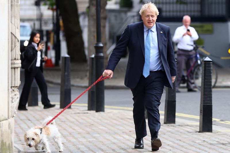 &copy; Reuters. El primer ministro británico, Boris Johnson, camina junto a su perro Dilyn de camino a un colegio electoral durante las elecciones locales en Londres, Reino Unido, el 5 de mayo de 2022. REUTERS/Hannah McKay