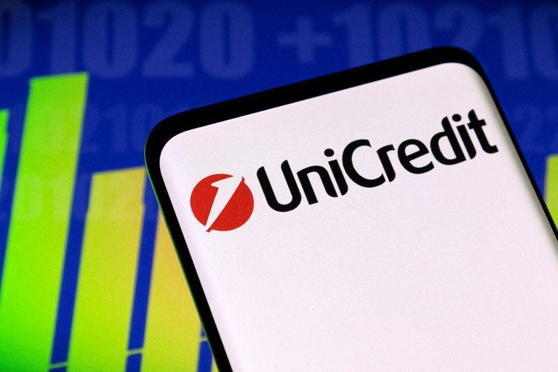 &copy; Reuters. Unicredit logo and stock graph are seen displayed in this illustration taken, May 3, 2022. REUTERS/Dado Ruvic/Illustration