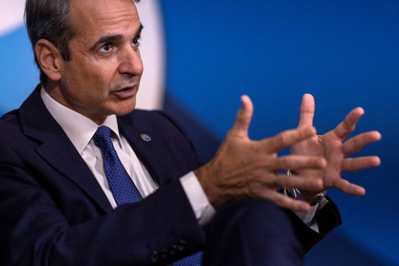 &copy; Reuters. FILE PHOTO: Greek Prime Minister Kyriakos Mitsotakis speaks during an interview with Reuters, in Athens, Greece, September 17, 2021. REUTERS/Alkis Konstantinidis