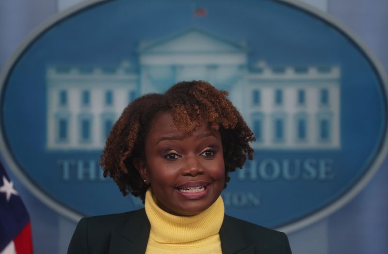 &copy; Reuters. FILE PHOTO: White House Principal Deputy Press Secretary Karine Jean-Pierre holds a press briefing at the White House in Washington, U.S., February 14, 2022. REUTERS/Leah Millis