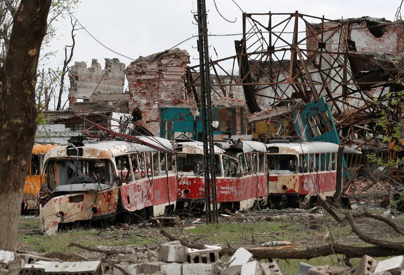&copy; Reuters. Destroyed trams are seen in a depot during Ukraine-Russia conflict in the southern port city of Mariupol, Ukraine May 5, 2022.  REUTERS/Alexander Ermochenko