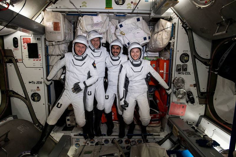 &copy; Reuters. FILE PHOTO: The four commercial crew astronauts representing NASA’s SpaceX Crew-3 mission are pictured in their Dragon spacesuits for a fit check aboard the International Space Station's Harmony module on April 21, 2022. From left, are ESA (European Spa