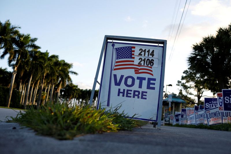 &copy; Reuters. FILE PHOTO: Vote signs outside Palm Beach County Public Library polling station during the 2020 presidential election in Palm Beach, Florida, U.S., November 3, 2020. REUTERS/Marco Bello//File Photo