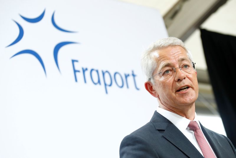 &copy; Reuters. FILE PHOTO: Stefan Schulte, Chairman of the Executive Board of Fraport AG speaks during a groundbreaking ceremony for the new terminal 3 of Frankfurt Airport in Frankfurt, Germany April 29, 2019.     REUTERS/Ralph Orlowski