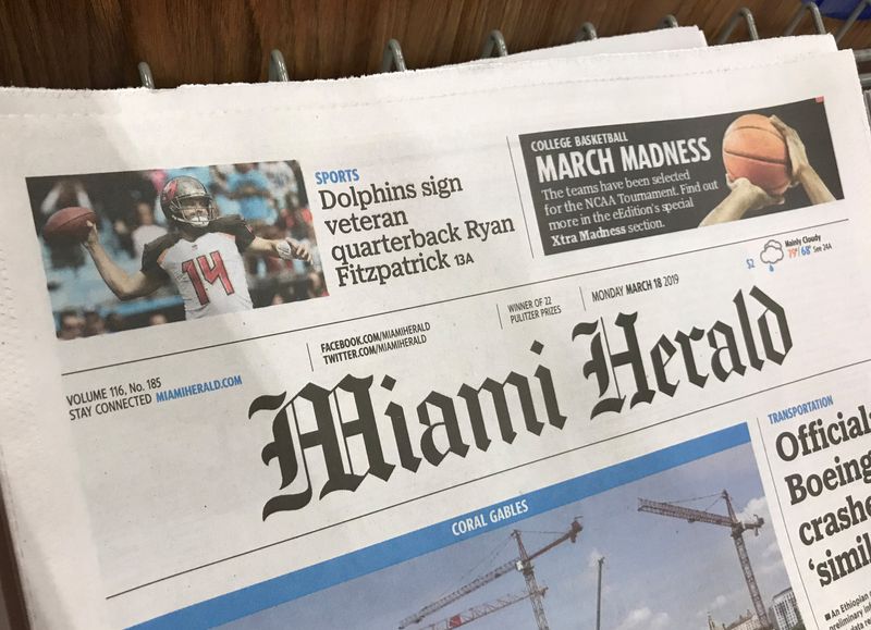 &copy; Reuters. FILE PHOTO: A copy of the Miami Herald is shown on a supermarket rack in Doral, Florida, U.S., March 18, 2019. Picture taken March 18, 2019. REUTERS/Joe Skipper