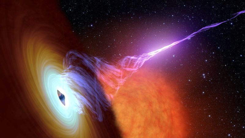 &copy; Reuters. FILE PHOTO: This artist?s concept released October 30, 2017 shows a black hole with an accretion disk - a flat structure of material orbiting the black hole ? and a jet of hot gas, called plasma. NASA/JPL-Caltech/Handout via REUTERS   ATTENTION EDITORS - 