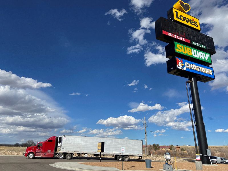&copy; Reuters. FILE PHOTO: A truck pulls into a truck stop in Las Vegas, New Mexico, U.S. March 23, 2020.  REUTERS/Andrew Hay