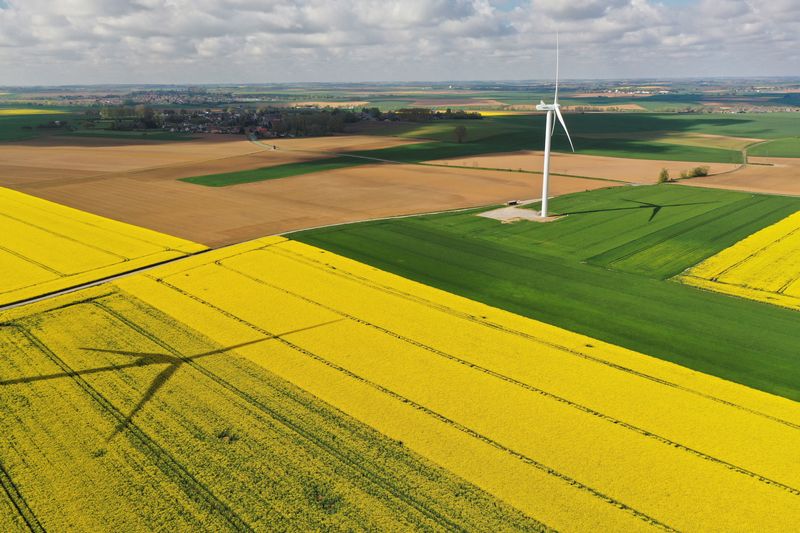 © Reuters. FILE PHOTO: An aerial view shows a power-generating windmill turbine in the middle of rapeseed fields, in Saint-Hilaire-lez-Cambrai, France, May 7, 2021. Picture taken with a drone. REUTERS/Pascal Rossignol/