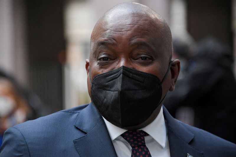 &copy; Reuters. FILE PHOTO: Botswana'a President Mokgweetsi Eric Keabetswe Masisi addresses the media as he arrives for the first day of a European Union- African Union summit at the European Council building in Brussels, Belgium, February 17, 2022. John Thys/Pool via RE