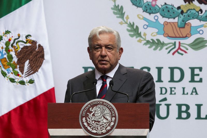 &copy; Reuters. Mexico's President Andres Manuel Lopez Obrador delivers his quarterly report on his government's programs, at the National Palace in Mexico City, Mexico April 12, 2022. REUTERS/Henry Romero/