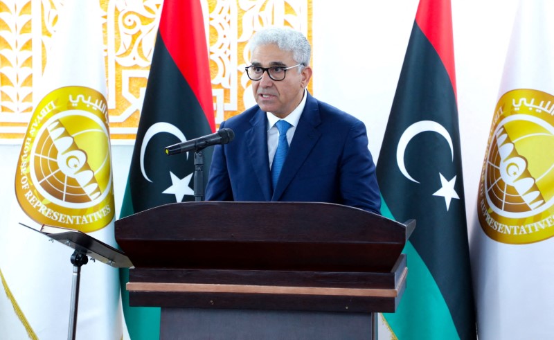 &copy; Reuters. رئيس الوزراء الليبي فتحي باشاغا  يتحدث في طبرق بشرق ليبيا يوم الثالث من مارس اذار 2022. صورة من المكتب الإعلامي للحكومة الجديدة محظور إعادة بي