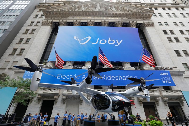 &copy; Reuters. FILE PHOTO: The Joby Aviation Air Taxi is seen outside the New York Stock Exchange (NYSE) in Manhattan, New York City, U.S., August 11, 2021. REUTERS/Andrew Kelly