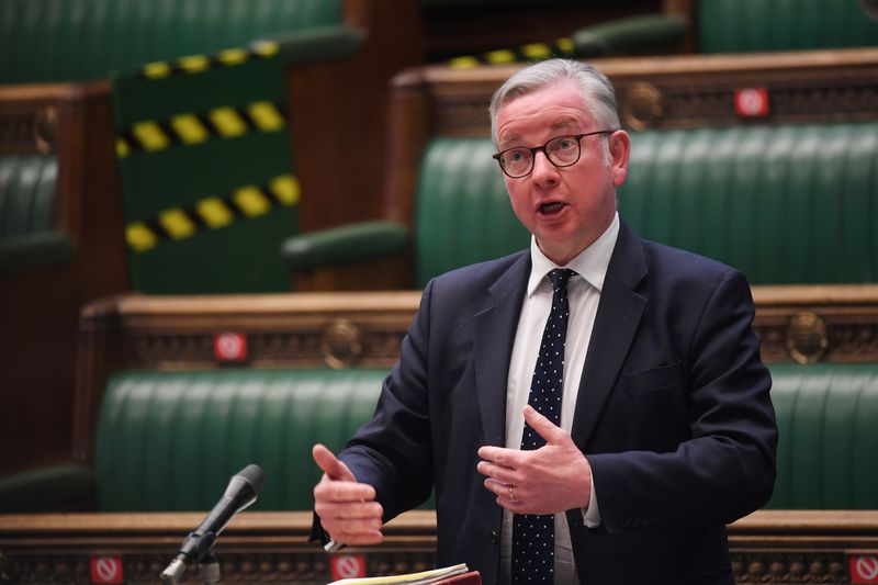 &copy; Reuters. FILE PHOTO: Britain's Chancellor of the Duchy of Lancaster Michael Gove at the House of Commons in London, Britain April 26, 2021. UK Parliament/Jessica Taylor/Handout via REUTERS 