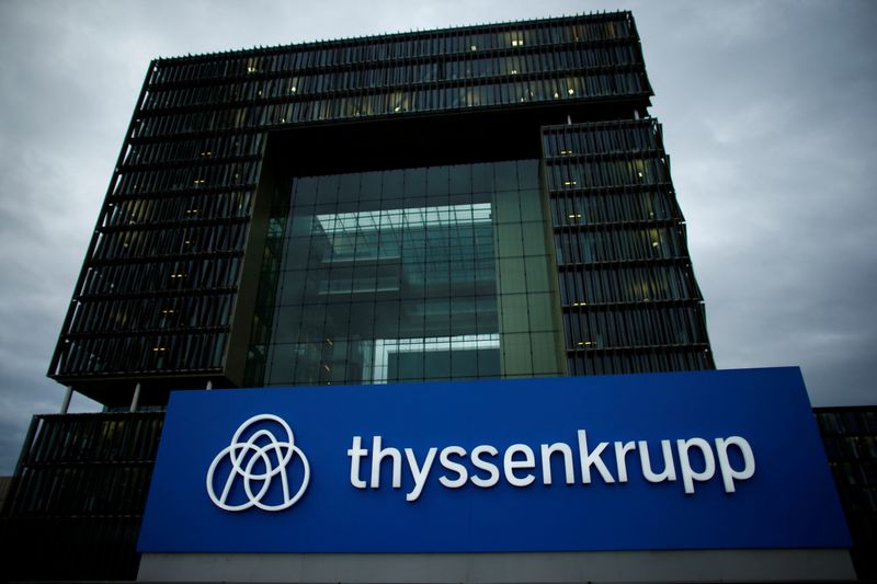 &copy; Reuters. FILE PHOTO: A logo of ThyssenKrupp AG is pictured outside the ThyssenKrupp headquarters in Essen, November 23, 2017. REUTERS/Thilo Schmuelgen