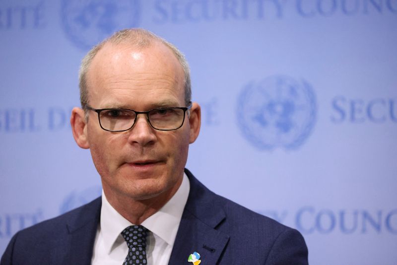 &copy; Reuters. FILE PHOTO: Irish Foreign Minister Simon Coveney speaks during a news conference ahead of a meeting of the United Nations Security Council on Russia's invasion of Ukraine, at the United Nations headquarters in New York City, New York, U.S., April 19, 2022