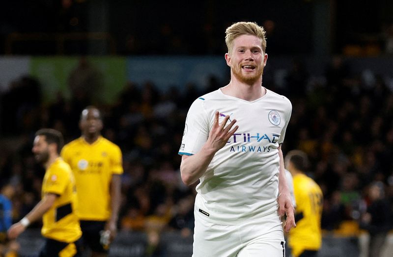 &copy; Reuters. Kevin De Bruyne comemora quarto gol marcado em vitória do Man City
11/05/2021
Action Images via Reuters/Peter Cziborra