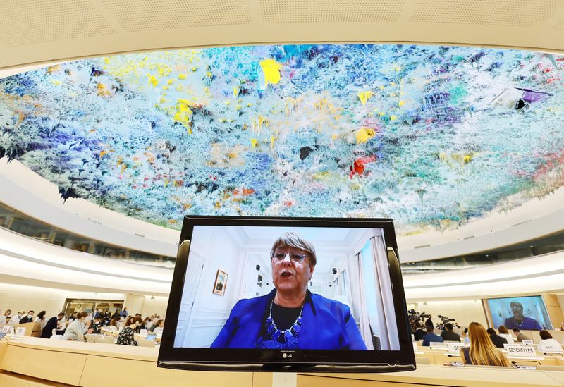 &copy; Reuters. مفوضة الأمم المتحدة السامية لحقوق الإنسان ميشيل باشليت تظهر على شاشة أثناء خطابها عبر الفيديو في جلسة خاصة لمجلس حقوق الإنسان في جنيف يوم ا