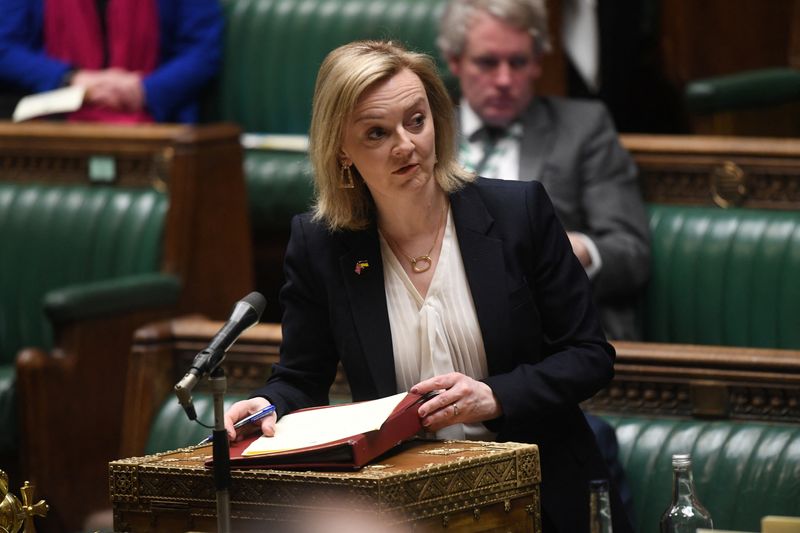 &copy; Reuters. FILE PHOTO: British Foreign Secretary Liz Truss gives a statement on Iran detainees during a session at the House of Commons, in London, Britain, March 16, 2022. UK Parliament/Jessica Taylor/Handout via REUTERS 