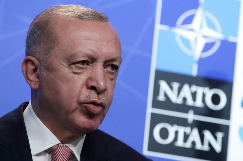 &copy; Reuters. FILE PHOTO: Turkey's President Tayyip Erdogan holds a news conference during the NATO summit at the Alliance's headquarters in Brussels, Belgium June 14, 2021. REUTERS/Yves Herman/Pool/File Photo