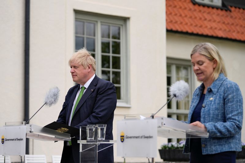 &copy; Reuters. رئيسة الوزراء السويدية ماجدالينا أندرسون تتحدث خلال مؤتمر صحفي مع رئيس الوزراء البريطاني بوريس جونسون في هربسوند بالسويد يوم 11 مايو ايار 202