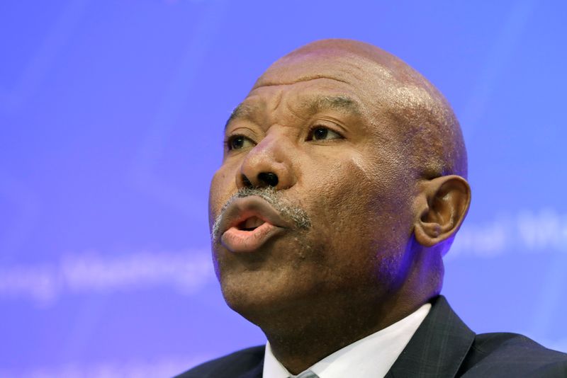 &copy; Reuters. South African Reserve Bank Governor Lesetja Kganyago speaks at IMFC press conference during the IMF/World Bank spring meeting in Washington, U.S., April 21, 2018. REUTERS/Yuri Gripas