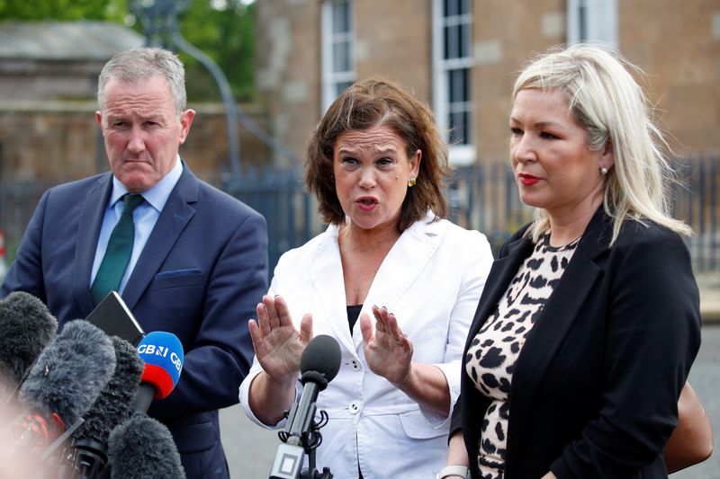 &copy; Reuters. FILE PHOTO: Mary Lou McDonald of Sinn Fein speaks to the media next to Conor Murphy and Michelle O’Neill after their meeting with British Prime Minister Boris Johnson at the Hillsborough Castle, in Hillsborough, Northern Ireland, May 16, 2022. REUTERS/P