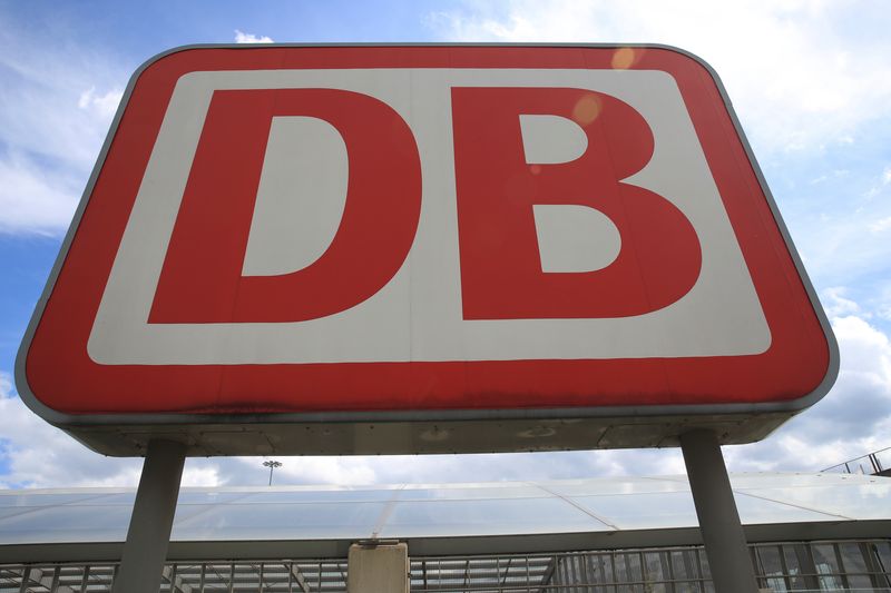 &copy; Reuters. FILE PHOTO: A logo of German railway Deutsche Bahn is pictured outside the railway station of the Cologne-Bonn Airport during the spread of the coronavirus disease (COVID-19) in Cologne, July 28, 2020.  REUTERS/Wolfgang Rattay