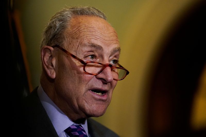 &copy; Reuters. FILE PHOTO: U.S. Senate Majority Leader Chuck Schumer (D-NY) speaks to reporters following the Senate Democrats weekly policy lunch at the U.S. Capitol in Washington, U.S., May 10, 2022. REUTERS/Elizabeth Frantz