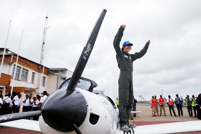 &copy; Reuters. Mack Rutherford, a 16-year-old British-Belgian pilot, gestures as he arrives at the Wilson airport as part of a quest to become the youngest person to fly around the world solo, in Nairobi, Kenya, May 18, 2022. REUTERS/Baz Ratner
