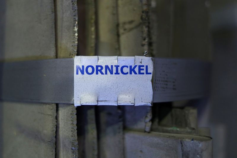 &copy; Reuters. FILE PHOTO: A view shows nickel sheets at Kola Mining and Metallurgical Company (Kola MMC), a subsidiary of Nornickel metals and mining company, in the town of Monchegorsk in Murmansk Region, Russia February 25, 2021. REUTERS/Evgenia Novozhenina