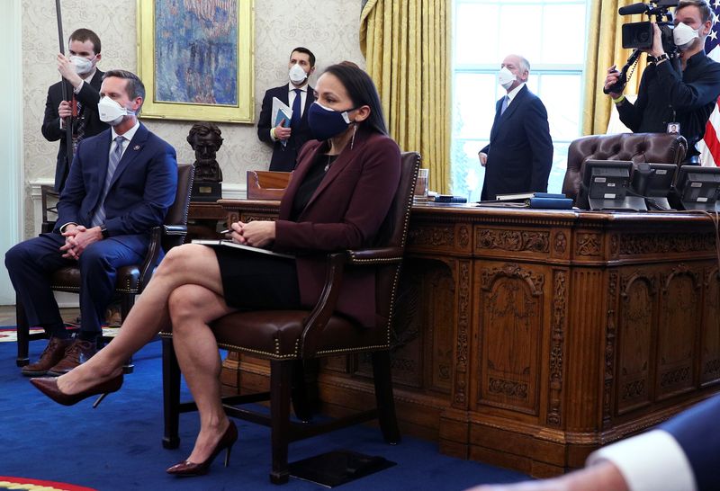 &copy; Reuters. FILE PHOTO: U.S. Rep. Sharice Davids (D-KS), vice chair of the House Transportation and Infrastructure Committee, attends a meeting on administration plans for infrastructure between U.S. President Joe Biden and members of Congress in the Oval Office at t