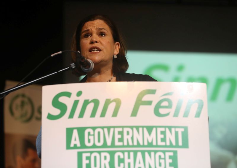 &copy; Reuters. FILE PHOTO: Sinn Fein president Mary Lou McDonald speaks at a public meeting Liberty Hall in Dublin, Ireland February 25, 2020. REUTERS/Lorraine O'Sullivan