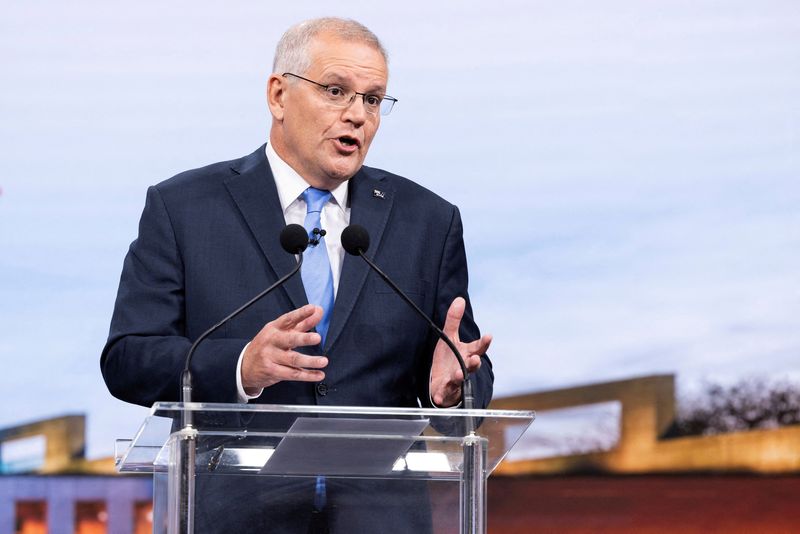 &copy; Reuters. FILE PHOTO: Australian incumbent Prime Minister Scott Morrison speaks during the second leaders' debate of the 2022 federal election campaign at the Nine studio in Sydney, Australia May 8, 2022. Alex Ellinghausen/Pool via REUTERS/File Photo