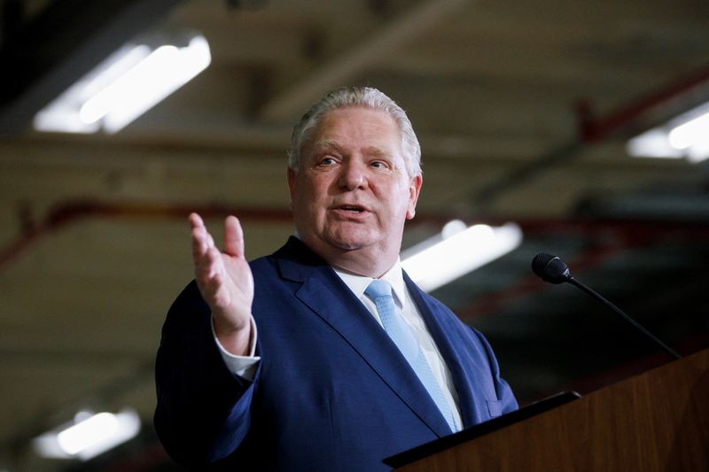 &copy; Reuters. FILE PHOTO: Ontario Premier Doug Ford speaks as he visits the production facilities of Honda Canada Manufacturing in Alliston, Ontario, Canada March 16, 2022. REUTERS/Cole Burston