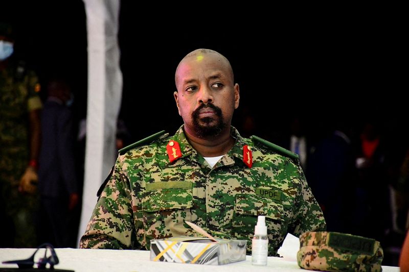 &copy; Reuters. FILE PHOTO: Lt. General Muhoozi Kainerugaba, the son of Uganda's President Yoweri Museveni, who leads the Ugandan army's land forces, looks on during his birthday party in Entebbe, Uganda May 7, 2022. REUTERS/Abubaker Lubowa