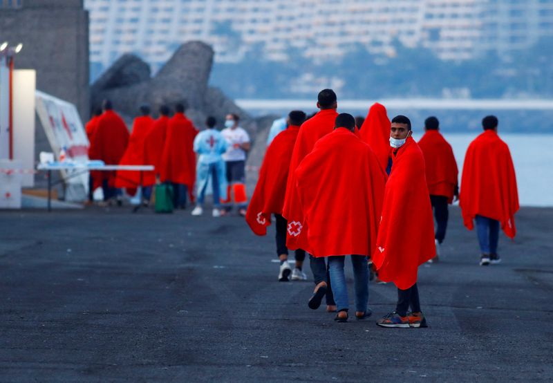 &copy; Reuters. FOTO DE ARCHIVO: Un grupo de migrantes camina hacia una tienda de campaña de la Cruz Roja tras desembarcar de un barco de la guardia costera española, en el puerto de Arguineguín, en la isla de Gran Canaria, España 22 de noviembre de 2021. REUTERS/Bor