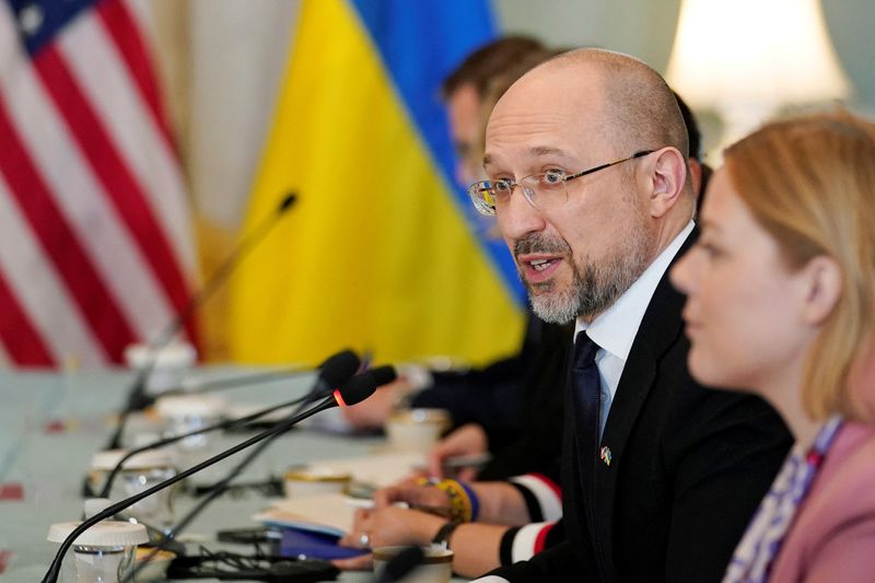 &copy; Reuters. FILE PHOTO: Ukrainian Prime Minister Denys Shmyhal speaks during a meeting with U.S. Secretary of State Antony Blinken (not pictured) at State Department, amid Russia's invasion of Ukraine, in Washington, U.S., April 22, 2022.  Susan Walsh/Pool via REUTER