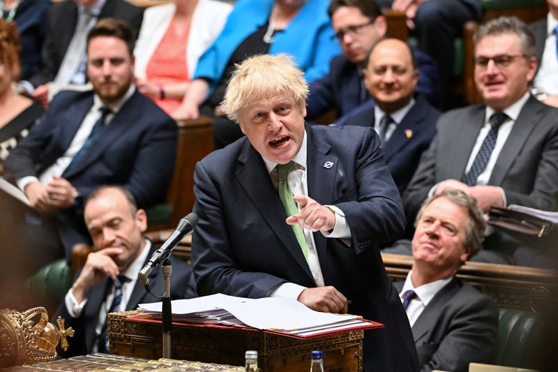 &copy; Reuters. FILE PHOTO: British Prime Minister Boris Johnson speaks as he takes questions at the House of Commons, in London, Britain, May 18, 2022. UK Parliament/Jessica Taylor/Handout via REUTERS 