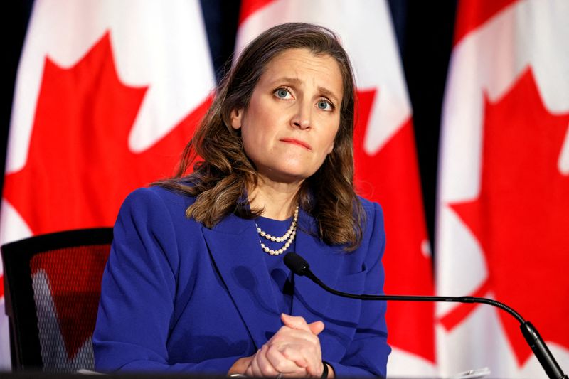 &copy; Reuters. FILE PHOTO: Canada's Finance Minister Chrystia Freeland looks on during a news conference before delivering the 2022-23 budget, in Ottawa, Ontario, Canada, April 7, 2022. REUTERS/Blair Gable/File Photo