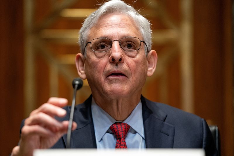 &copy; Reuters. FILE PHOTO: U.S. Attorney General Merrick Garland answers questions during a Senate Appropriations Subcommittee on Commerce, Justice, Science, and Related Agencies hearing to discuss the fiscal year 2023 budget of the Department of Justice at the Capitol 