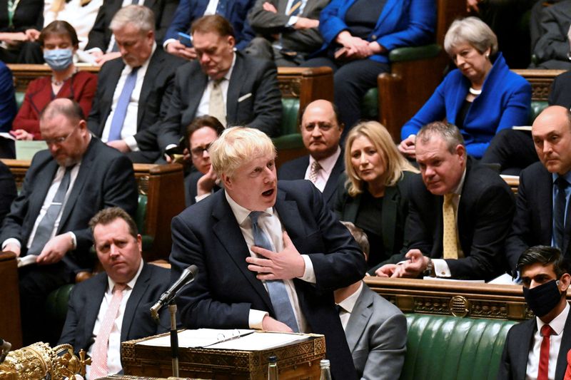 &copy; Reuters. FILE PHOTO: British Prime Minister Boris Johnson makes a statement on Sue Gray's report regarding the alleged Downing Street parties during COVID-19 lockdown, in the House of Commons in London, Britain, January 31, 2022. UK Parliament/UK Parliament/Jessic